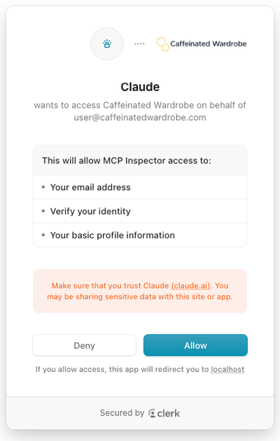 OAuth consent screen for Caffeinated Wardrobe